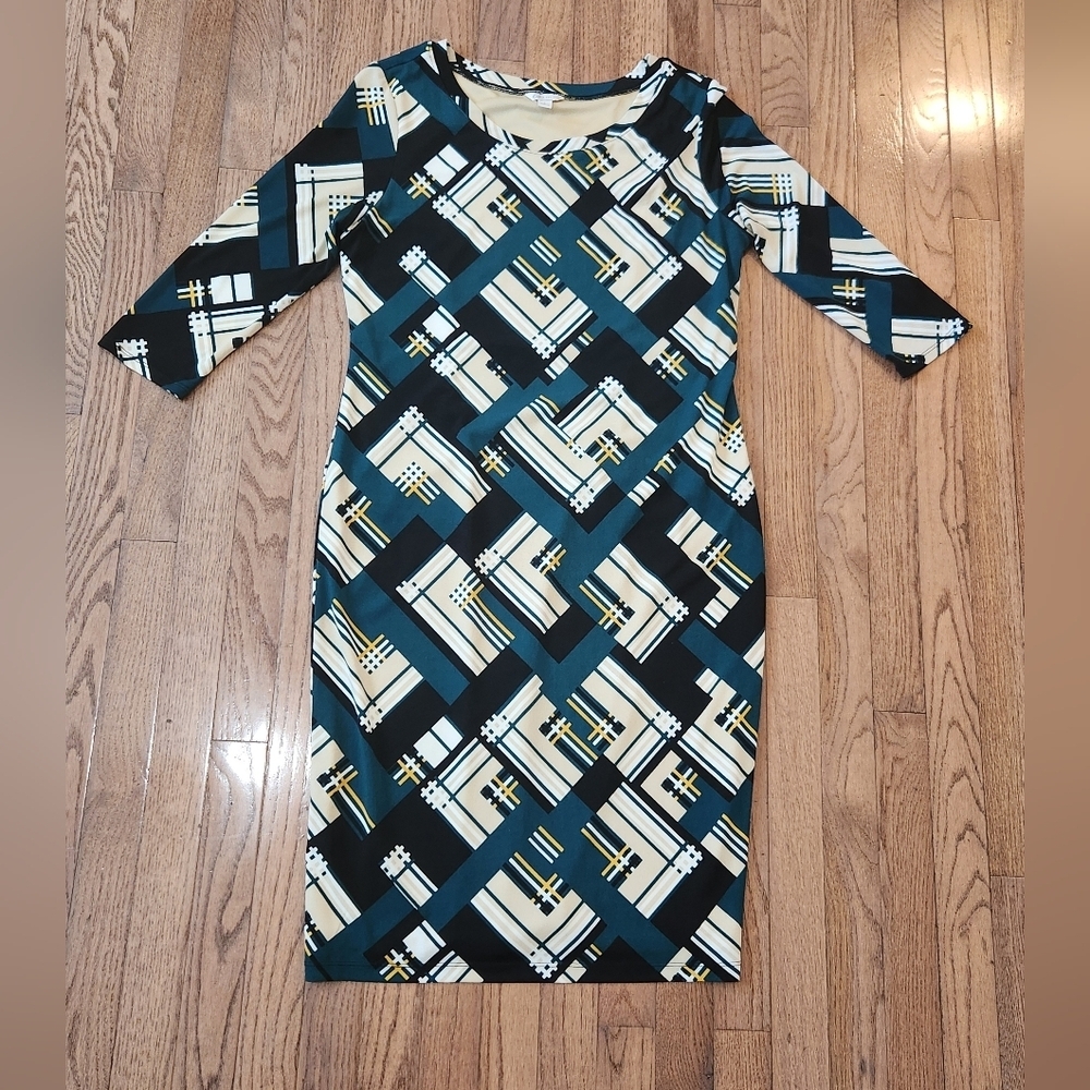 Cato Woman Ladies Dress Size L Green, Blacks and Tan Fully Lined 3/4 Sleeve